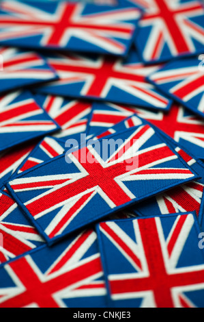 Union Jack flag patch ricamato pattern. DOF poco profondo Foto Stock