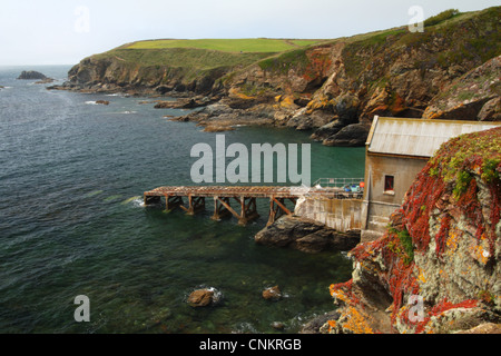 Il vecchio R.N.L.I. in disuso Lizard scialuppa di salvataggio stazione presso Polpeor Cove, Lizard Point, Cornwall, Regno Unito. Foto Stock