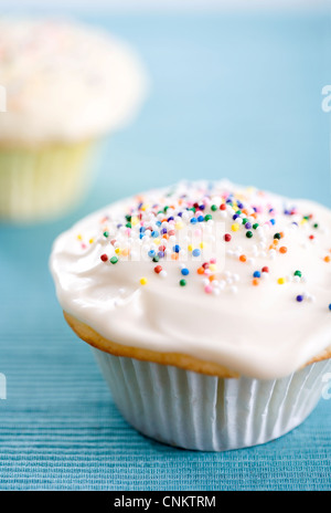 Deliziosa cercando cupcake alla vaniglia con glassa bianca e multi caramelle colorate su teal colorato tappetino posto -fuoco poco profonda Foto Stock