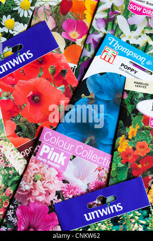 Una selezione di colorato giardino di fiori di pacchetti di sementi. Foto Stock