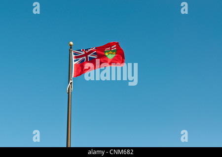 La bandiera provinciale di Ontario vola su un pennone con un profondo cielo blu in background. Foto Stock