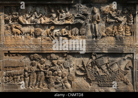 Il Borobudur nave. Stone bassorilievo dal tempio di Borobudur in Magelang, Giava centrale, Indonesia. Foto Stock