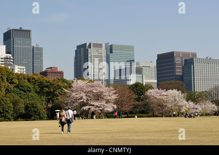 Coppia giovane a piedi di distanza nel parco con fiori di ciliegio alberi e lo skyline di Tokyo in background (Tokyo, Giappone) Foto Stock