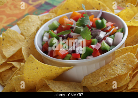 Un bianco ciotola di verdura fresca Pico de Gallo sul chip tostada. Foto Stock