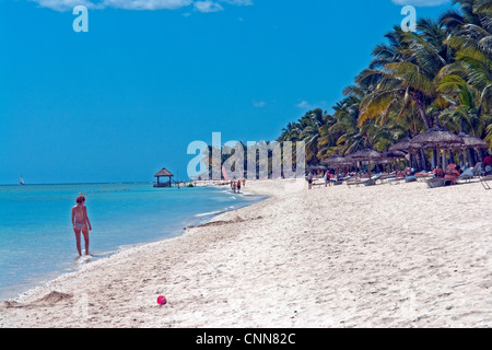 La spiaggia di fronte a La Pirogue Hotel, a Wolmar, appena a sud di Flic en Flac sulla costa occidentale di Mauritius Foto Stock