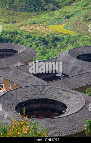 Tianluokeng Tulou cluster, sito Patrimonio Mondiale dell'UNESCO, Fujian, Cina Foto Stock