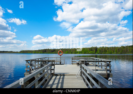 Dock di legno nel lago rurale Foto Stock