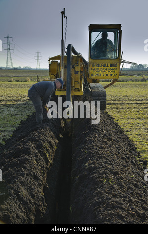 Il drenaggio del campo, tubazione continua la posa di macchina lavora nel settore dei seminativi, pilling, Lancashire, Inghilterra, marzo Foto Stock