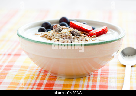 Ciotola di muesli con yogurt e fragole e mirtilli per una sana prima colazione Foto Stock