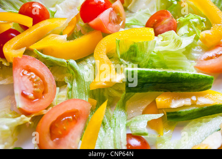 Chiudere l immagine di una insalata, mostrando il peperone giallo, lattuga, pomodori e cetrioli. Foto Stock