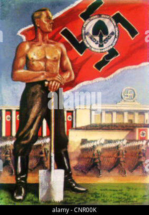 I manifesti di propaganda della seconda guerra mondiale, creati tra il 1939 e il 1945, furono usati per raccogliere il sostegno pubblico allo sforzo bellico, in particolare negli Stati Uniti e in Germania. Questi manifesti miravano a influenzare il morale della popolazione civile e del personale militare, sollecitando l'azione sul fronte interno, sostenendo lo sforzo bellico e promuovendo il patriottismo e l'unità durante il conflitto globale. Foto Stock