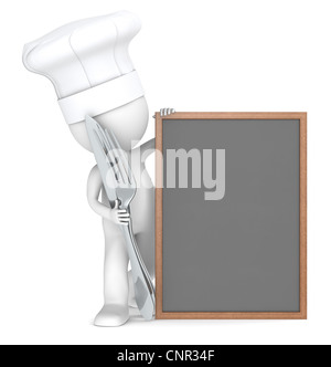 3D poco carattere umano lo chef con un menu vuoto bordo. Copia dello spazio. Foto Stock