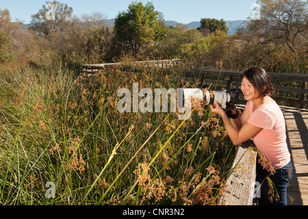Giovane donna asiatica di fotografare la fauna selvatica vicino al lago di Los Carneros, Goleta City Park, Goleta, California, Stati Uniti d'America Foto Stock