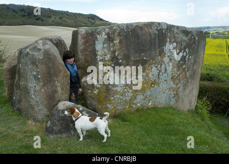 Pietre del tamburo una camera di sepoltura neolitica Barrow lungo e cerchio di pietra. Trottispliffe North Downs Kent Countryside UK. HOMER SYKES Foto Stock