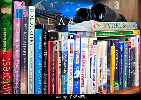 Collezione mostra assortimento di guide turistiche e guide circa in tutto il mondo destinazioni di vacanza su una libreria scaffale Foto Stock