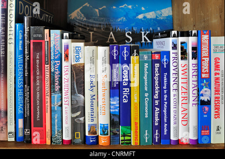 Collezione mostra assortimento di guide turistiche e guide circa in tutto il mondo destinazioni di vacanza su una libreria scaffale Foto Stock