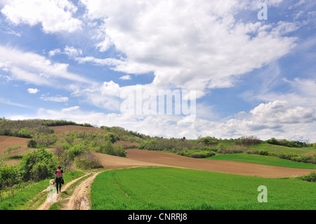 Giovane donna escursionista con il cane nel paesaggio di campagna Foto Stock