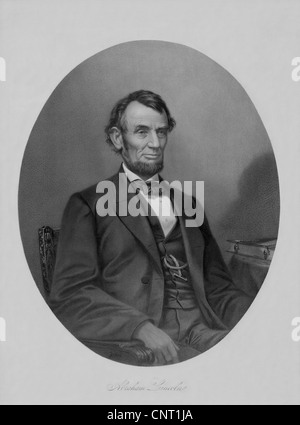 Restaurata digitalmente la guerra civile illustrazione del presidente Abraham Lincoln seduto in una sedia. Foto Stock