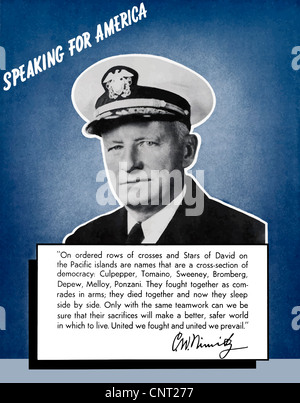 Restaurata digitalmente di propaganda di guerra poster. Admiral Chester Nimitz parlando per l'America. Foto Stock