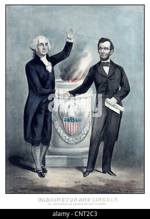 Restaurata digitalmente vintage American History stampa del presidente George Washington e il presidente Abraham Lincoln stringono le mani. Foto Stock