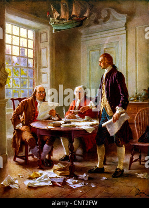 Pittura vettoriale di Benjamin Franklin, John Adams e Thomas Jefferson la scrittura della dichiarazione di indipendenza. Foto Stock