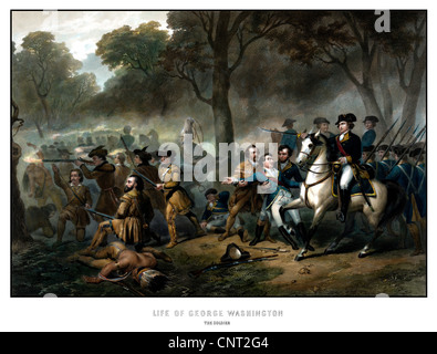 Restaurata digitalmente vintage print mostra George Washington a cavallo, portando le truppe nella battaglia di Monongahela. Foto Stock