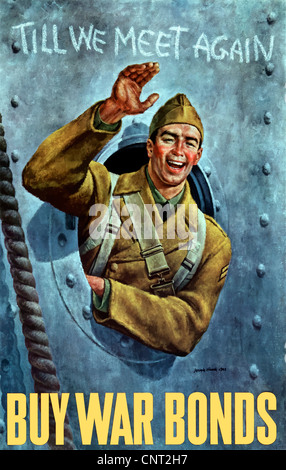 Questa annata II Guerra Mondiale poster offre un sorridente soldato americano sventolando dall'oblò di una nave di truppa. Foto Stock