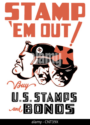 Vintage II Guerra Mondiale poster che mostra le facce dei cartoni animati di asse leader, Benito Mussolini, Adolf Hitler, e l'imperatore Hirohito. Foto Stock