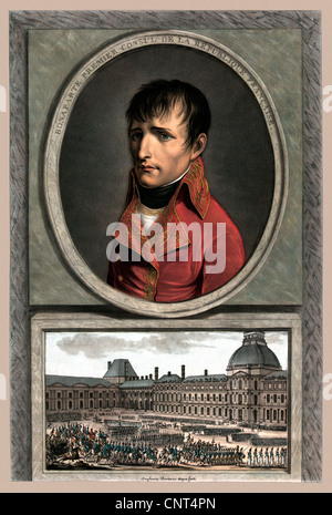 Militari Vintage ritratto di Napoleone Bonaparte al di sopra di una immagine di una truppa di revisione. Foto Stock