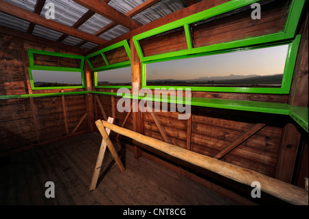 Vista dall'interno di un capanno per il birdwatching, Grecia, Peloponnes, Natura 2000 Area Gialova Lagune Foto Stock