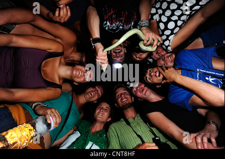 Montpellier snake (insignitus Malpolon, Malpolon monspessulanus insignitus), gruppo di giovani biologi fare ricerche su una notte active Montpellier snake, Grecia, Peloponnes, Natura 2000 Area Gialova Lagune Foto Stock