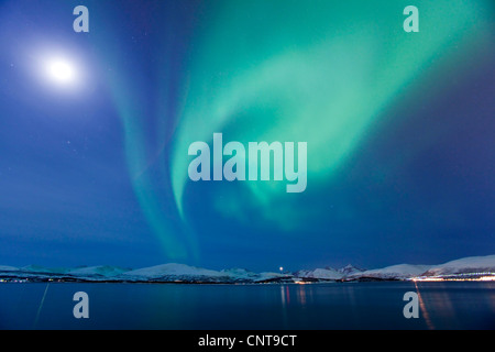 Luci polari con la luna e Venere, montagne Lille Blamannen 845 m, Skittentind 1043 m, Store Blamannen 1044 m in backbround, Norvegia, Troms, Tromsoe Foto Stock