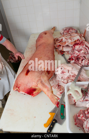 Gamba di maiale e le parti su macelleria counter Foto Stock