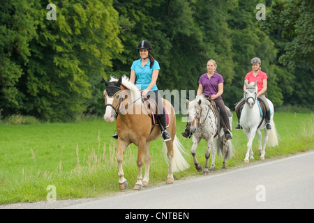 Tre giovani pilota sul suo Pony cavallo al bordo della strada Foto Stock