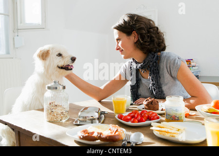 Donna petting cane a tavola Foto Stock