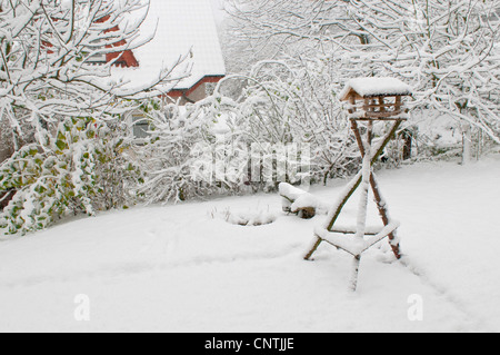 Alimentatore di uccelli nel giardino di neve, Germania Foto Stock