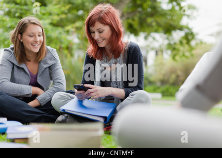 Studenti che usano il telefono cellulare sull'erba Foto Stock