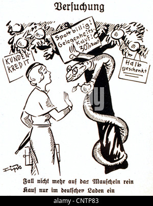 Nazional socialismo / nazismo, propaganda, caricatura, Versuchung (tentazione), disegno di FIPS, da 'Der Stuermer', 1934, linea: 'Non cadere più per il fiddle. Acquista solo nei negozi tedeschi.', diritti-aggiuntivi-non-disponibili Foto Stock