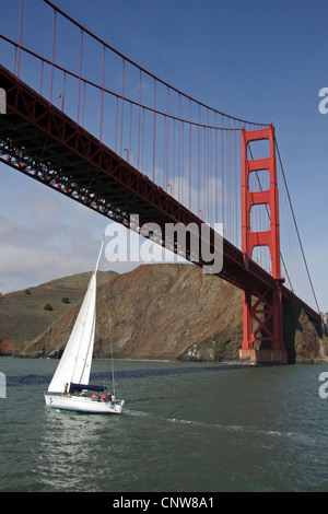 Vista del Golden Gate bridge con uno yacht che passa al di sotto di San Francisco Foto Stock