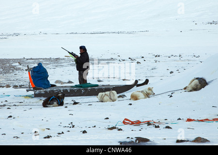 La Groenlandia cane (Canis lupus f. familiaris), Inuit hunter con slitta trainata da cani la preparazione per la caccia, Groenlandia, Ostgroenland, Tunu, Kalaallit Nunaat, Liverpool Land, Kap Hoegh Foto Stock