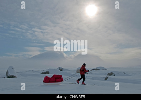 Sciatore con pulk sulla congelati fino al lago Akkajaure, Akka montagne sullo sfondo, Svezia, la Lapponia Norrbotten, Stora Sjoefallet Parco Nazionale Foto Stock