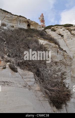 Rosh Hanikra, costiera mediterranea di confine settentrionale di Israele e il Libano, il valico di frontiera ancora chiuso e bloccato a tunnel. Foto Stock