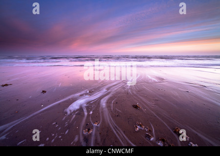 La mattina presto sunrise getta una tonalità di rosa al di sopra della marea a Thornham spiaggia sulla costa di Norfolk, Regno Unito Foto Stock