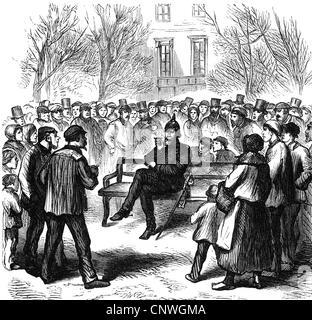 Eventi, guerra franco-prussiana 1870 - 1871, occupazione di Parigi, ufficiale tedesco sugli Champs-Elysees, 'UN soggetto di curiosità', incisione contemporanea del legno, diritti aggiuntivi-clearences-non disponibile