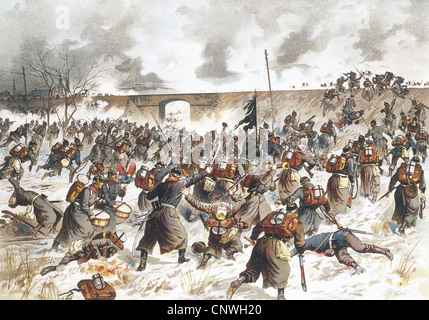 Eventi, guerra franco-prussiana 1870 - 1871, Battaglia di Amiens, 23.12.1870, Prussiana 44th Infanteria Reggimento che storca l'argine ferroviaria, cromolithograph dopo Franz Amling, circa 1895, inverno, neve, soldati, VIII corpo d'Esercito tedesco, ponte, Villiers-Bretonneux, Piccardia, Francia, Germania, Franco-prussian, 19esimo secolo, diritti storici, non disponibili Foto Stock