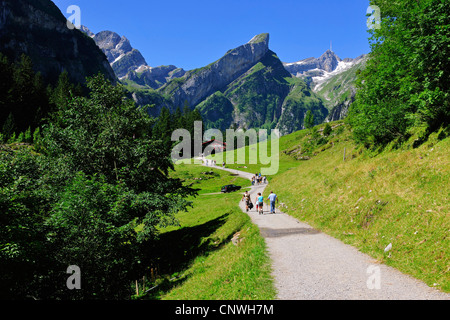 Mountain wanderers sul pittoresco sentiero, Svizzera, Appenzell, Alpstein Foto Stock