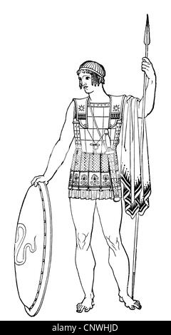 Militare, mondo antico, Grecia, guerriero pesantemente armato (hoplite), disegno, 19 ° secolo, dopo un antico vaso pittura, hoplites, scudo, scudi, armatura, armatura, lancia, lancia, lancia, soldati, soldato, greco, greco, greco, greco, storico, antico, mondo antico, persone, diritti aggiuntivi-clearance-non disponibili Foto Stock