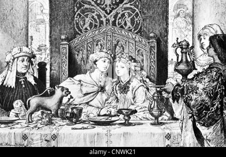 Persone, matrimonio, coppia nuziale, courly couple nel Medioevo, disegno di Claudius Schraudolph, Germania, 19 ° secolo, sposa, sposo sposa, sposo, amore, tavola, vino, cibo, festa, matrimonio, corte, nobiltà, storico, storico, medievale, Additional-Rights-Clearences-non disponibile Foto Stock