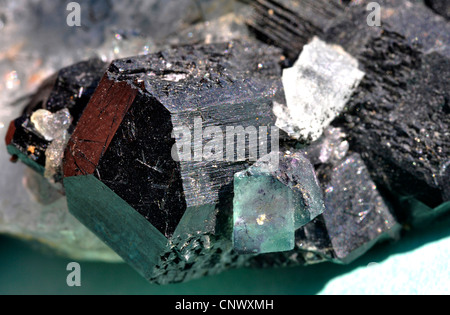 Tormalina nera cristalli con cristalli di fluorite Foto Stock