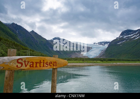 Segno con etichetta Svartisen nel Saltfjellet Svartisen Nationalpark, Norvegia, Saltfjellet Svartisen National Park Foto Stock